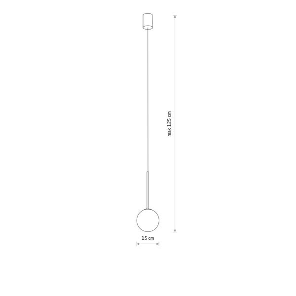 Maßskizze einer Pendelleuchte mit kugelförmigem Schirm, Durchmesser 15 Zentimeter und maximale Höhe 125 Zentimeter.