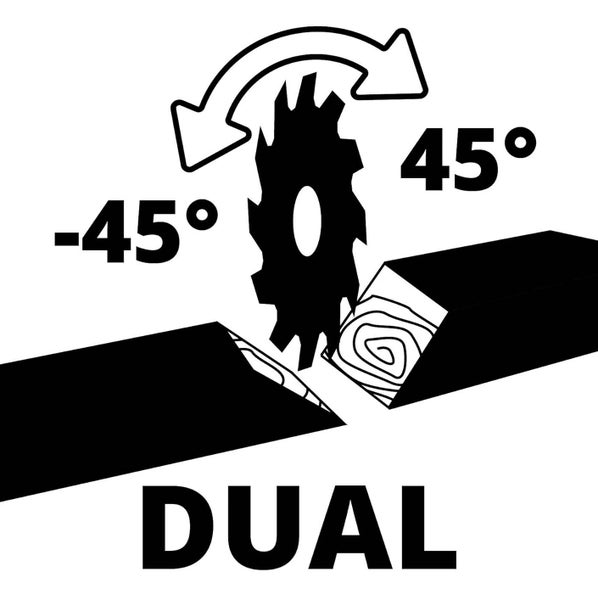 Symbol für beidseitige Neigungsfunktion von minus 45 bis 45 Grad bei einer Säge