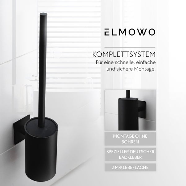 Wandhängende WC-Bürstengarnitur von ELMOWO zur Klebemontage ohne Bohren inklusive Spezialkleber und Klebefläche für eine einfache Montage.
