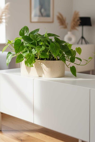 Grüne Zimmerpflanze mit herzförmigen Blättern in einem ovalen Pflanzgefäß auf einem weißen Sideboard in einem hellen Wohnzimmer.