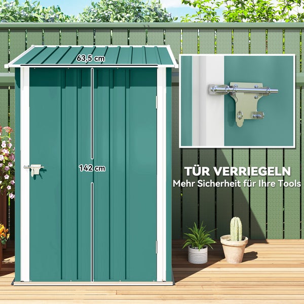 Grüner Metall-Gartenschrank mit verriegelbarer Tür. Maße: 63,5 Zentimeter breit und 142 Zentimeter hoch.