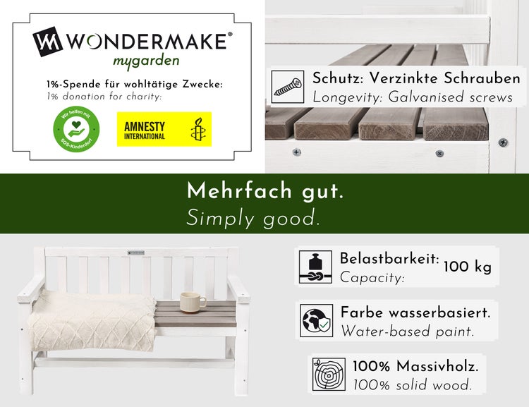 WONDERMAKE® Design Kinder-Gartenbank aus Holz wetterfest mit Textil-Abdeckung und Lehne, 2-Sitzer Kinderbank Holzbank Parkbank Kinder Sitzbank massiv Garten Outdoor, Naturholz, weiß grau anthrazit