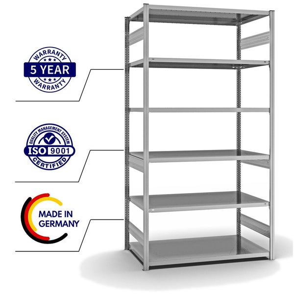 PROREGAL Fachbodenregal Stecksystem T-Profil Heavy-Duty Grundregal HxBxT 250 x 130 x 80 cm 6 Ebenen Fachlast 330 kg Beidseitig Nutzbar Verzinkt