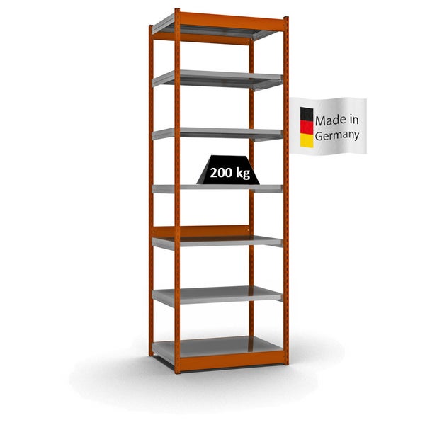 PROREGAL Fachbodenregal Stecksystem Vierkant-Profil Grundregal HxBxT 300 x 102,5 x 60 cm 7 Ebenen Einseitige Bauart Fachlast 200 kg Orange