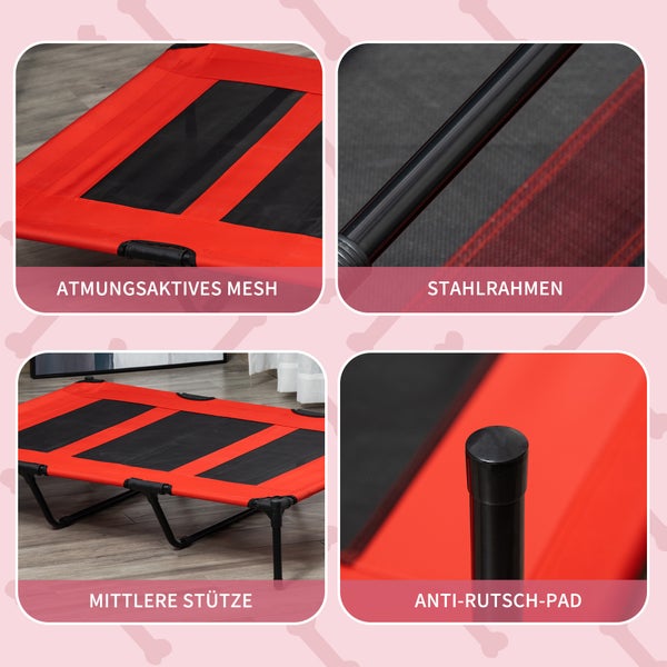 PawHut Hundebett, 122L x 92B x 23H cm, Metall, Oxford, Texteline-Stoff, Rot+Schwarz