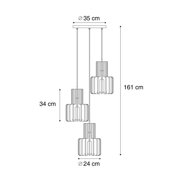 Maßzeichnung dreiflammige Pendelleuchte, Gesamthöhe 161 Zentimeter, Schirmdurchmesser 24 Zentimeter, Baldachindurchmesser 35 Zentimeter.