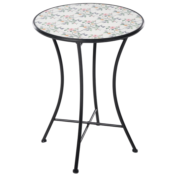 Runder Mosaiktisch mit floralem Muster auf der Tischplatte und schwarzem Metallgestell.