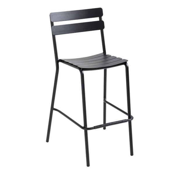 Schwarzer Barhocker aus Metall mit Lamellensitz und Rückenlehne, Oviala Logo.