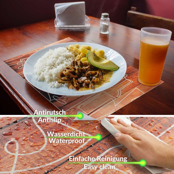 Platzset in Holzoptik auf einem gedeckten Tisch, zeigt Details zur rutschfesten Unterseite, wasserdichten Oberfläche und einfachen Reinigung.