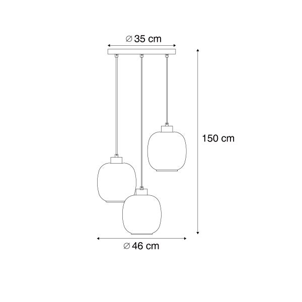 Maßskizze einer 3-flammigen Pendelleuchte: Baldachin Durchmesser 35 Zentimeter, Gesamthöhe 150 Zentimeter, Breite 46 Zentimeter.