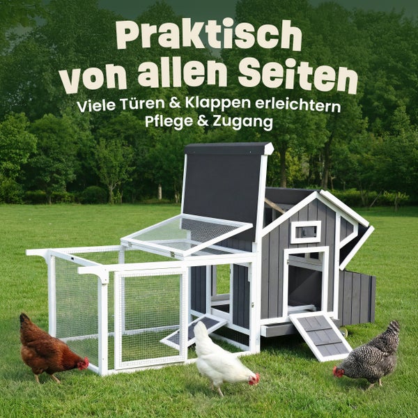 Hühnerstall aus Holz mit drei Legenestern und geöffneter Klappe zur einfachen Eierentnahme.