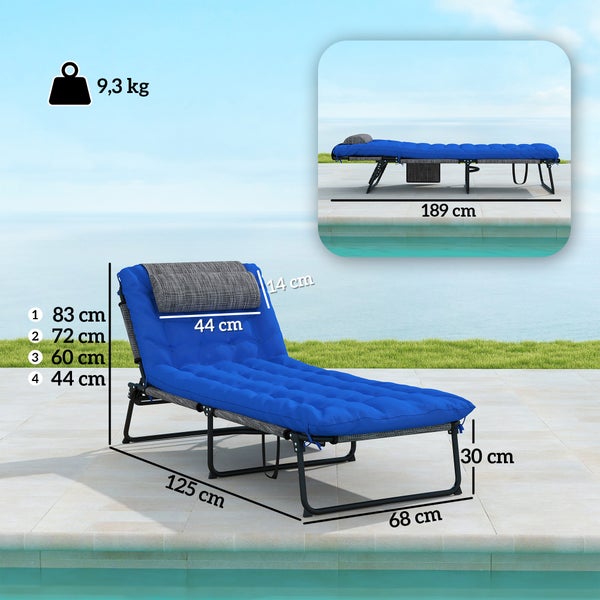 Outsunny Sonnenliege klappbar Gartenliege mit Kopfkissen, Liegestuhl mit 4-Fach verstellbare Rückenlehne, wetterfeste Campingliege, Gartenstuhl bis 120 kg belastbar, für Garten Outdoor Pool, Blau