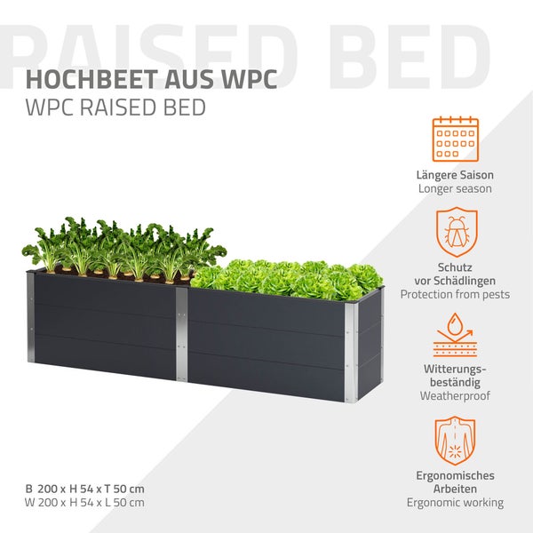 ML-Design Hochbeet aus WPC, 200x50x54 cm, Anthrazit, für Innen & Außen, wetterfest, Unterseite Offen, Garten Pflanzkübel Pflanzbeet Pflanzkasten Blumenkasten Blumenbeet Gemüsebeet Gartenbeet Frühbeet