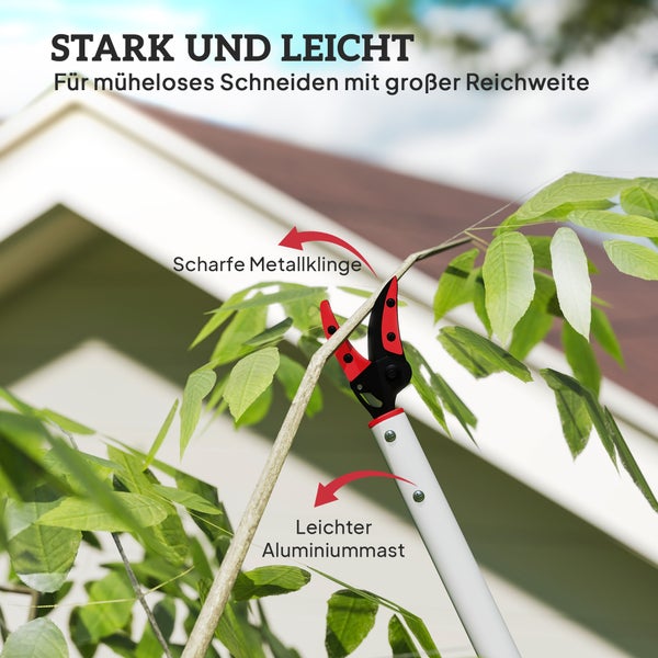 Astschere mit scharfer Metallklinge und leichtem Aluminiummast schneidet einen Ast