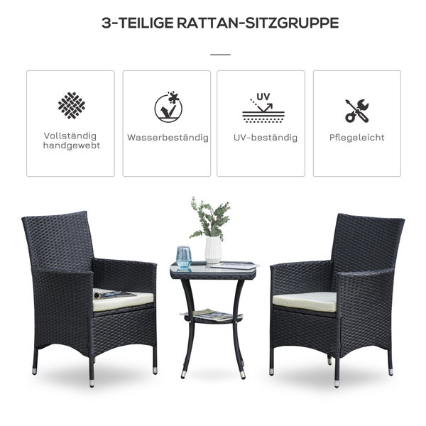 Outsunny 3-tlg. Gartenmöbel-Set, B60 x T58,5 x H89,5 cm, Metall, PE-Rattan, Polyester, Schaumstoff, schwarz