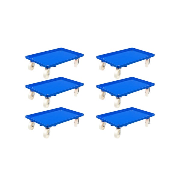 PROREGAL SparSet 6x Transportroller für Euroboxen 60 x 40 cm mit Kunststoffräder Blau Geschlossenes Deck 4 Lenkrollen Traglast 300 kg