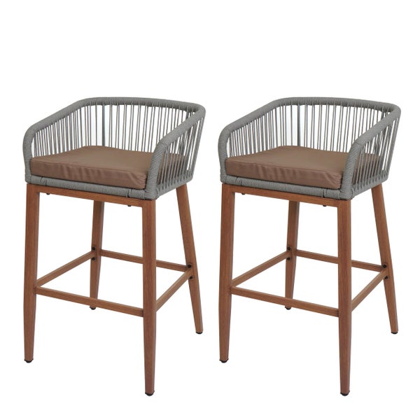 Zwei Barhocker mit Armlehne, Sitzkissen und Holzbeinen