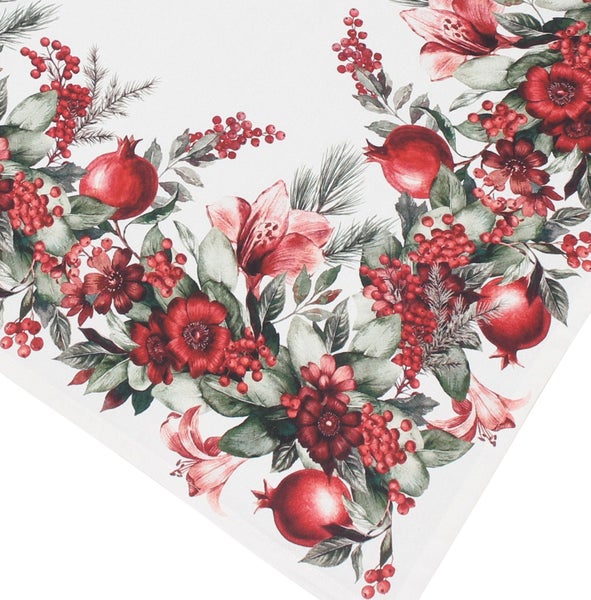 Tischdecke mit winterlichem Blumen und Granatapfel Motiv für die Weihnachtsdekoration