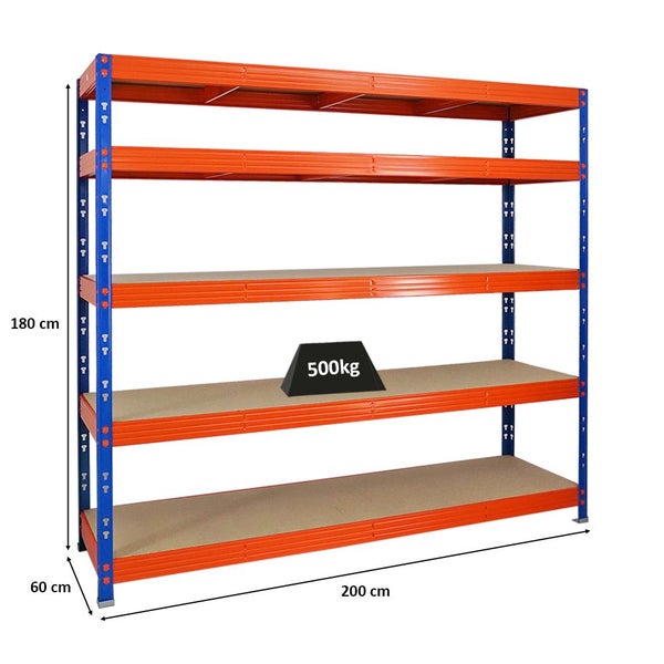 PROREGAL Profi Schwerlastregal Rhino HxBxT 180 x 200 x 60 cm 5 Spanplatten-Ebenen 8mm Fachlast 500 kg Blau/Orange