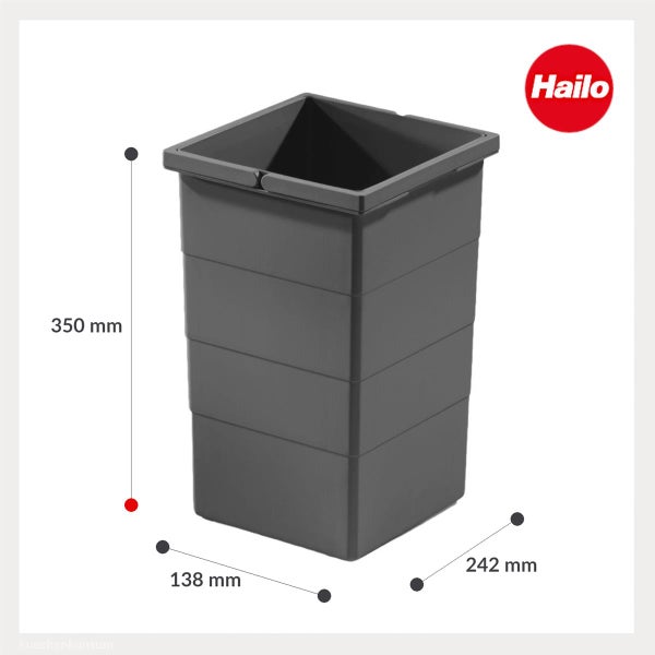 Hailo Logo. Grauer Kunststoff-Abfalleimer, Höhe 350 Millimeter, Breite 138 Millimeter, Tiefe 242 Millimeter.