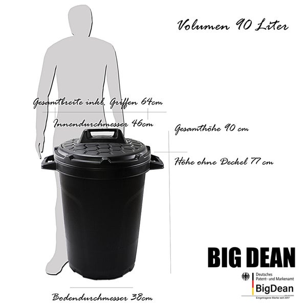 BigDean Universal Allzwecktonne Mülltonne 90 Liter Tonne XL Universaltonne Universaleimer schwarz mit Deckel Plastiktonne Regenfass Wassertonne Regenauffangbehälter