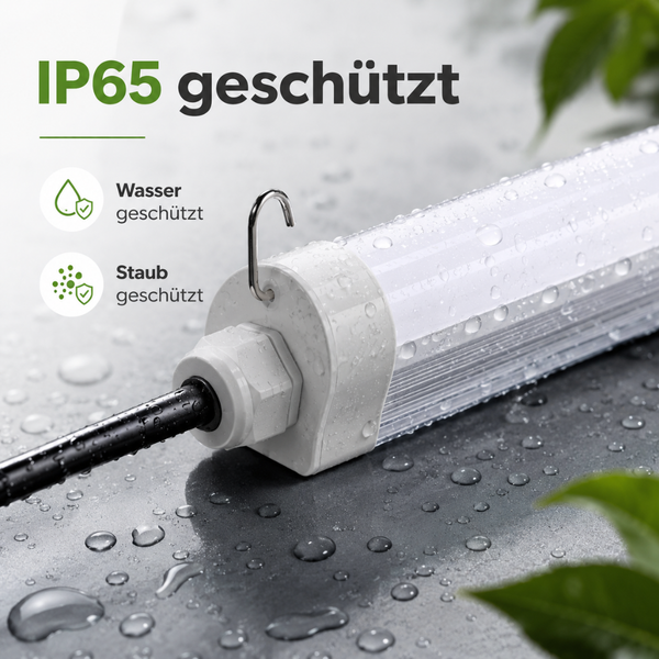 LED Feuchtraumleuchte mit Schutzart IP65, wasserdicht und staubgeschützt, inklusive Aufhängehaken und Netzkabel.