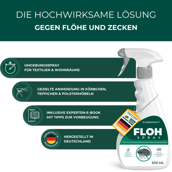 Flohspray von Silberkraft zur Bekämpfung von Flöhen und Zecken für Textilien und Wohnräume in einer 500 ml Sprühflasche