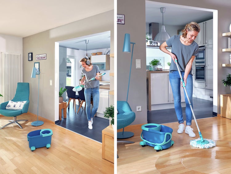 Leifheit Set Clean Twist Disc Mop Ergo 2.0 mit Rollwagen, Bodenwischer mit Mikrofaser Bezug für nebelfeuchte Reinigung auf Fliesen und Laminat, Wischmopp mit Click-System und Schleudertechnologie