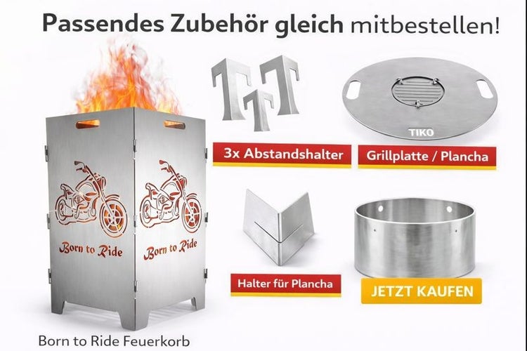 Born to Ride Feuerkorb mit Zubehör wie Grillplatte, Abstandshalter und Plancha Halter
