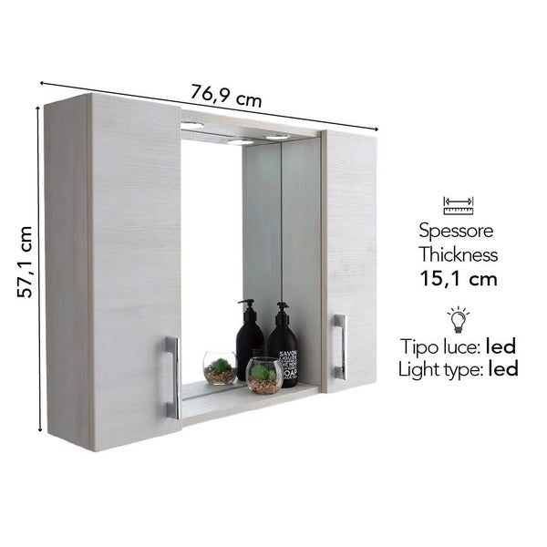 Spiegelschrank fürs Badezimmer mit LED-Beleuchtung und zwei Türen, Breite 76,9 Zentimeter, Höhe 57,1 Zentimeter, Tiefe 15,1 Zentimeter.