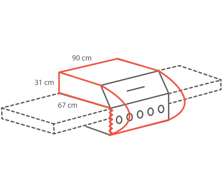 Technische Zeichnung eines Grills mit den Maßen 90 cm Breite, 67 cm Tiefe und 31 cm Höhe.