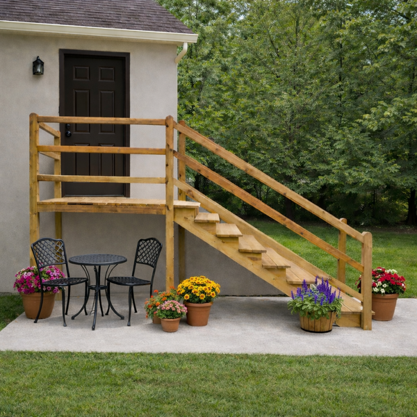 Außenbereich mit Holztreppe, Terrasse, Tisch und Stühlen sowie Blumen in Töpfen.
