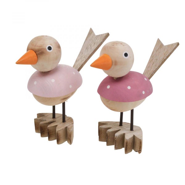Zwei dekorative Holzfiguren in Vogelform mit Polka-Dots-Muster
