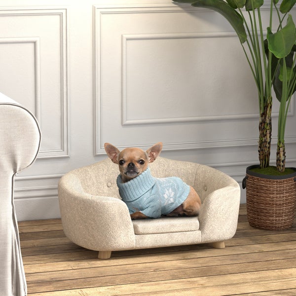 PawHut Haustiersofa Hundematte Hundebett Hundesofa Hundecouch Katzen Sofa mit Kissen Rückentasche Plüsch Schaumstoff Kiefernholz Cremeweiß 70 x 47 x 30 cm