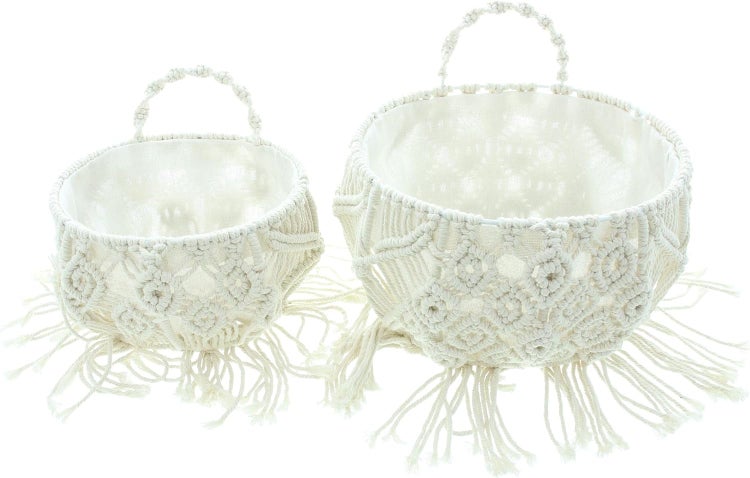Dekoleidenschaft 2x Wandkorb Makramee aus Baumwolle & Canvas, beige, Wandpflanzer, Hängekorb im Boho Chic, Flechtkorb, Aufbewahrungskorb