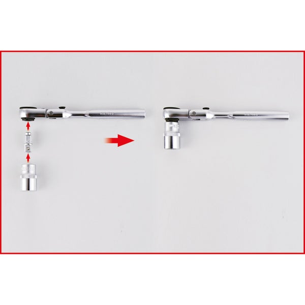 Bit-Set mit Ratsche und Steckschlüsseleinsätzen in geöffnetem, rot-schwarzem Gehäuse