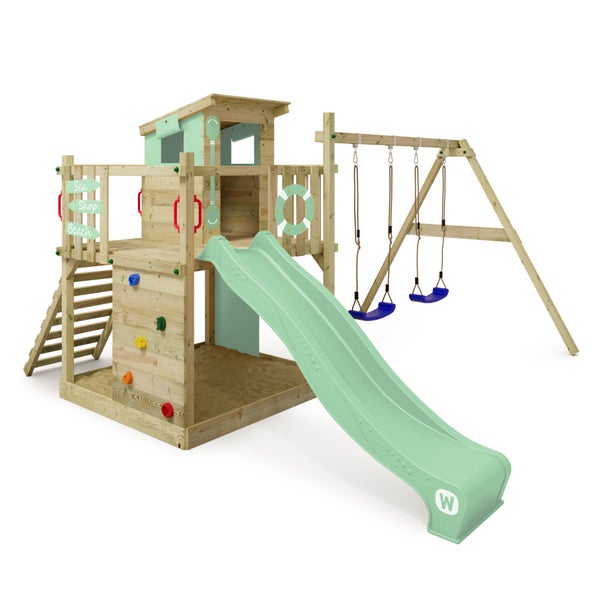 WICKEY Spielturm Klettergerüst Smart Camp mit Schaukel und Rutsche, Baumhaus mit Sandkasten, Kletterleiter und Spiel-Zubehör – pastellgrün