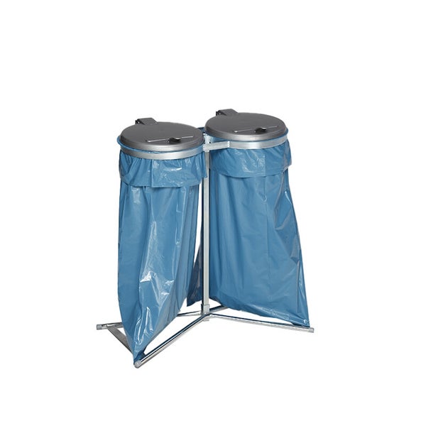 Zweifacher Müllsackständer aus Metall mit Deckeln und blauen Müllsäcken für die Mülltrennung.