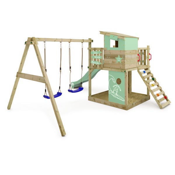 WICKEY Spielturm Klettergerüst Smart Camp mit Schaukel und Rutsche, Baumhaus mit Sandkasten, Kletterleiter und Spiel-Zubehör – pastellgrün