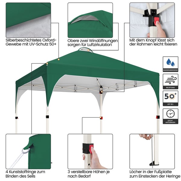 Grüner Faltpavillon mit wasserabweisendem Oxford-Gewebe, UV-Schutz 50+, Windöffnungen, Fixierknopf, Kunststoffringen und verstellbaren Höhen.