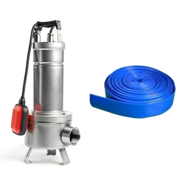 Edelstahl Tauchpumpe mit Schwimmerschalter und einem blauen Druckschlauch