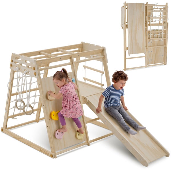 Holz Klettergerüst für Kinder von tectake mit Kletterwand, Rutsche und Turnringen in einer spielenden Szene.