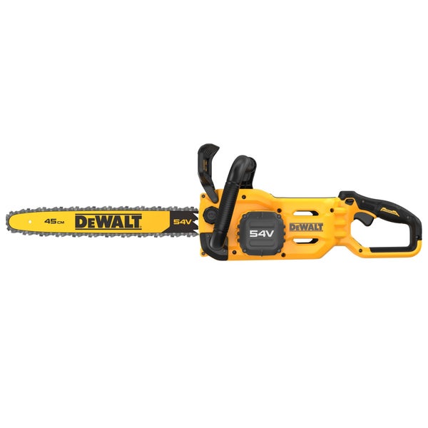 DeWalt Akku-Kettensäge, 54 Volt, 45 Zentimeter Schwertlänge, bürstenloser Motor, gelb und schwarz.