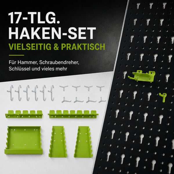 17 teiliges Haken Set für Lochwände zur Werkzeugaufbewahrung inklusive verschiedener Halterungen und Haken