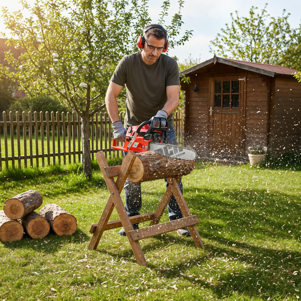 Mann sägt Holz mit einer Kettensäge auf einem Holzsägebock im Garten.