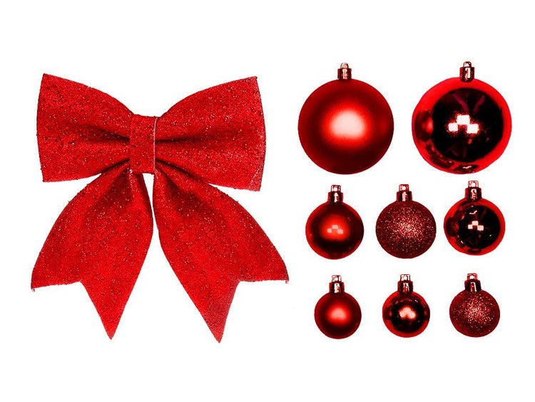 Weihnachtsdekoration Set bestehend aus einer großen Schleife und verschiedenen Weihnachtskugeln mit glänzender, matter und glitzernder Oberfläche