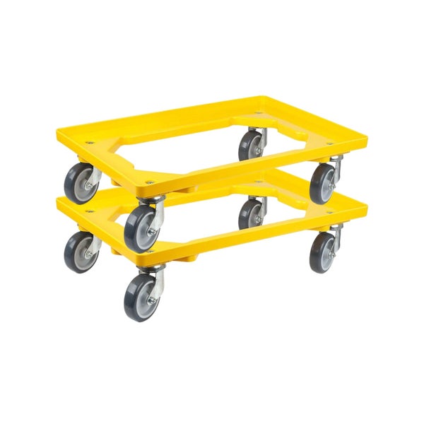 PROREGAL SparSet 2x Transportroller für Euroboxen 60 x 40 cm mit Gummiräder Gelb Offenes Deck 2 Lenkrollen und 2 Bockrollen Traglast 300 kg