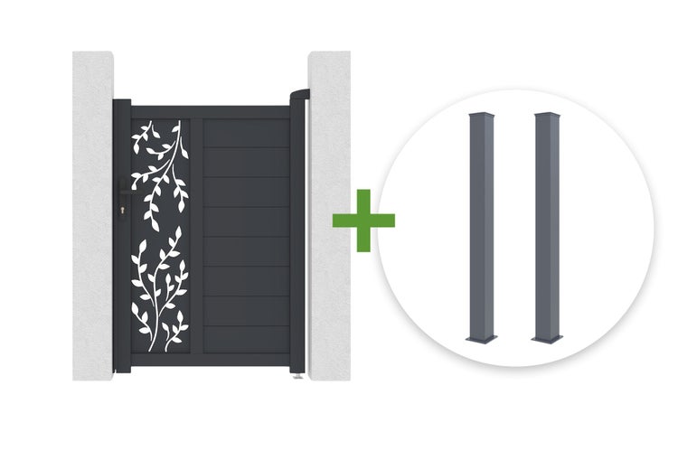 Aluminium-Gartentor-Set inklusive zwei passenden Pfosten, Torflügel mit horizontalen Lamellen und dekorativem Blättermuster.