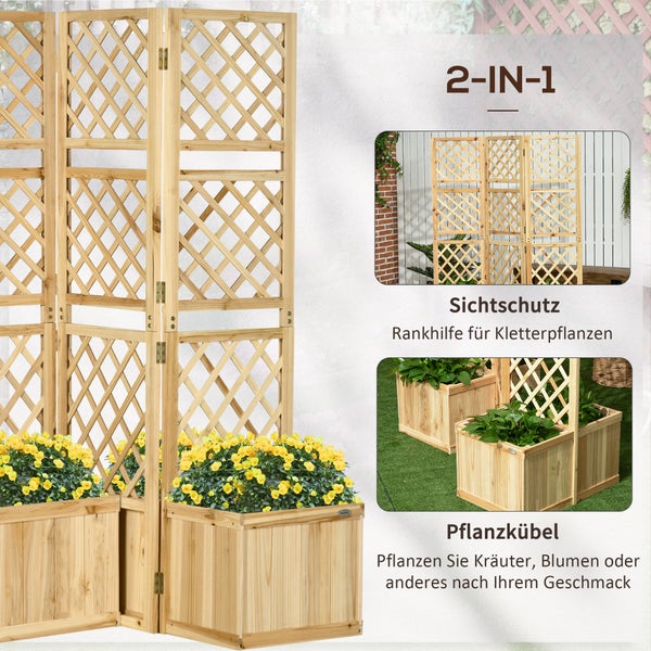 Outsunny Hochbeet mit Klappbarem Spalier, Pflanzkasten mit Sichtschutz, 133 x 165 cm Raumteiler mit 4 Blumenkasten, Raumtrenner für Balkon, Tannenholz, Natur