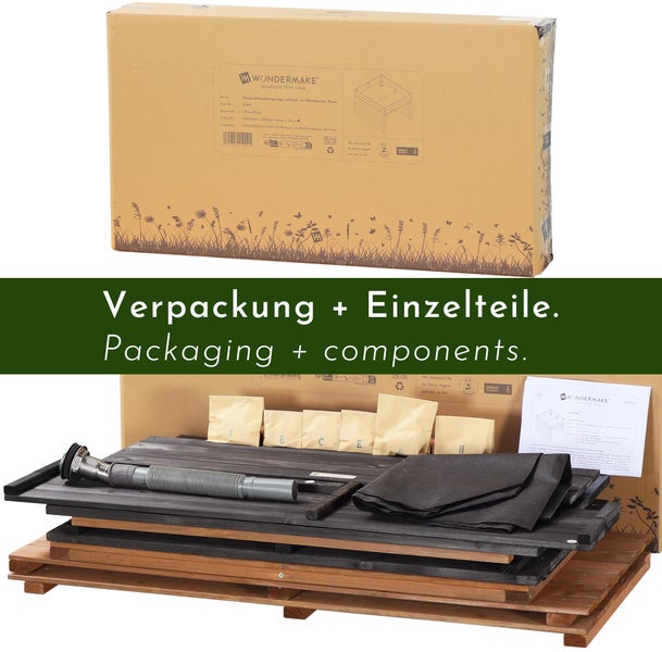Verpackung und Einzelteile der WONDERMAKE Mährobotergarage mit Pflanzkasten, inklusive Holzpaneelen, Ablaufschlauch und Vlies.